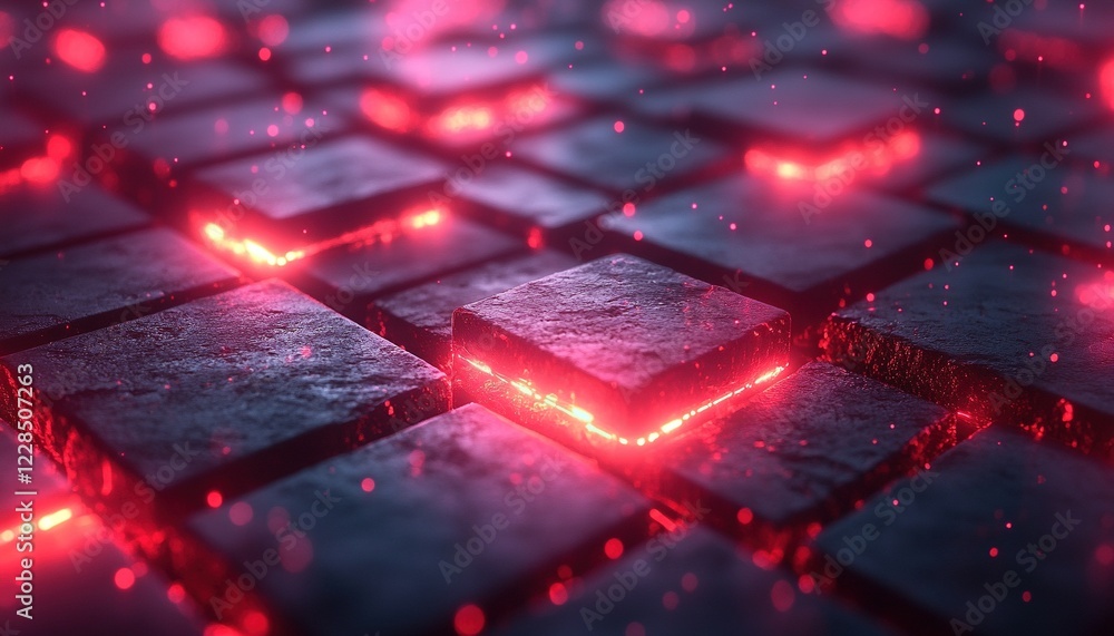 Poster red glowing tiles with particle effect, close-up, abstract background for tech or gaming use