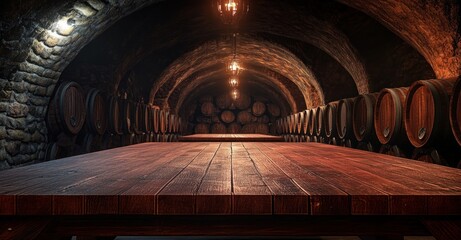Wooden Table in Ancient Wine Cellar