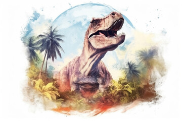 dinosaur in tropical jungle., watercolor style, Generative AI