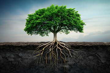 a tree representing leadership development with roots labeled skills, vision, and growth, providing a strong foundation text space available