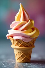 Intricate swirl of gelato in a waffle cone, close-up view , texture, gelato