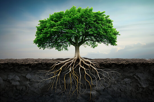 a tree representing leadership development with roots labeled skills, vision, and growth, providing a strong foundation text space available
