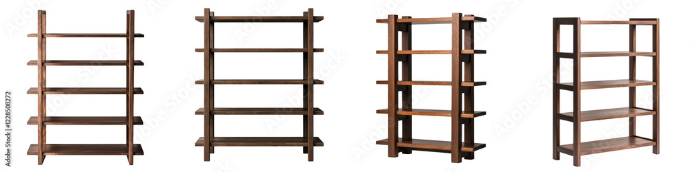 Poster a set of modern and simple wooden shelves with a minimalist vertical display design for organizing a