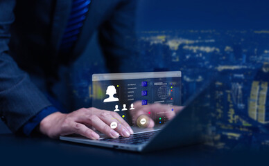 Businessman using people icon, development concept, information exchange, customer service, training, leadership, resources, policy, feedback, professional team, recruitment, digital technology.