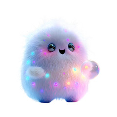 Fluffy 3D Cartoon Character with Glowing Gems Isolated on Transparent Background