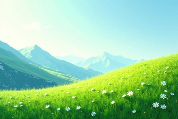 Fototapeta premium Serene Meadow Landscape Featuring Rolling Hills and Daisies under a Clear Sky