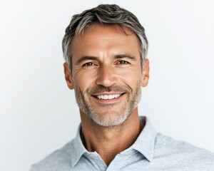 A smiling middle-aged man with gray hair, wearing a light-colored shirt, radiating confidence and approachability against a plain background.