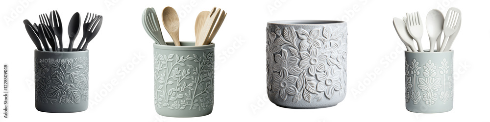 Aufkleber assorted ceramic containers and holders in soothing neutral tones arranged with various cutlery and 
