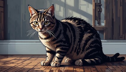 A tabby cat sits attentively on a wooden floor.