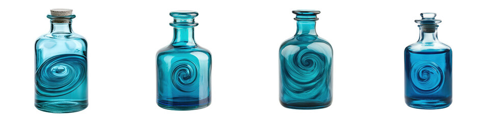 A collection of beautifully handcrafted glass bottles jars and vases with intricate swirling patterns organic textures and vibrant turquoise hues  These unique artisanal containers display an elegant