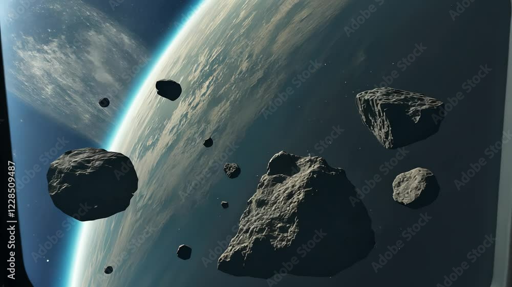 Poster asteroids gradually drift through space visible from spaceship window