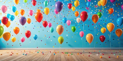 A room filled with colorful balloons and confetti, celebrating a joyous occasion