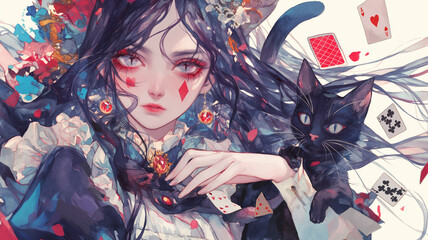 ミステリアスな少女と黒猫｜ワンダーランドの魔法。不思議の国のアリスをモチーフにした水彩イラスト。
