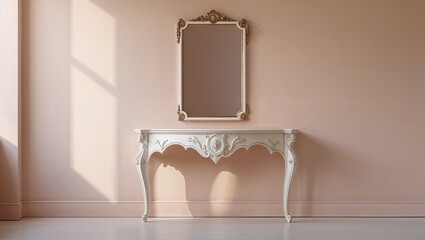  Elegant white console table with ornate mirror in soft lighting