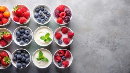 A delightful arrangement of creamy yogurt alongside assorted fresh berries in small bowls, a perfect healthy breakfast or snack option