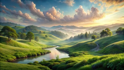 Fototapeta premium Serene Sunrise Over Rolling Green Hills and a Meandering River