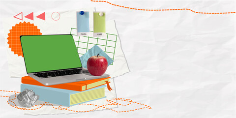 Fototapeta premium Colorful collage of a laptop on books with an apple, perfect for educational themes, vector illustration