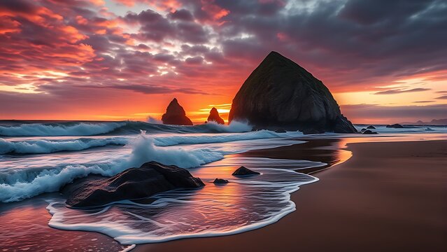 haystack rock sunset dramatic waves oregon