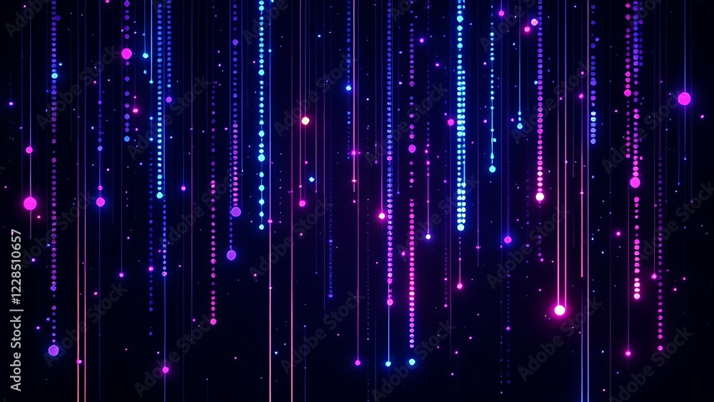 Poster dark background, vertical lines of blue and purple light with digital glitch effects, creating an ab