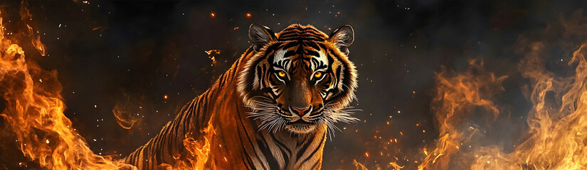 A majestic and furious Malayan tiger standing in a powerful stance with glowing amber eyes radiating intensity Fire particles surround the tiger swirling and cracklin