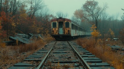 Fototapeta premium Abandoned rusted train on old tracks in foggy autumn forest, Generated AI