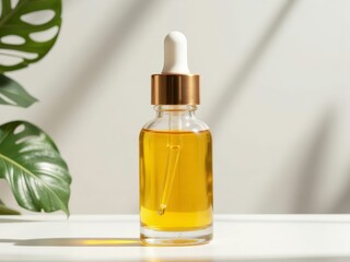 Naklejka premium Golden facial oil in glass dropper bottle