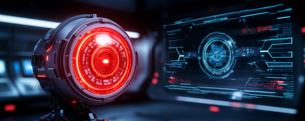 Fototapeta premium Futuristic technology with a glowing surveillance sensor and digital interface in a high-tech environment.