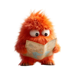 Fluffy Orange Monster Holding a Glowing Map Isolated on Transparent Background