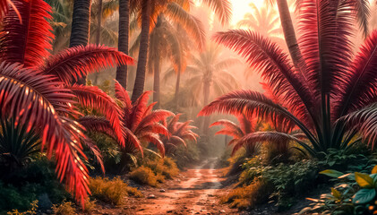 Smooth camera flight over palm leaves into tropical forest