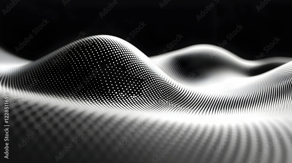Poster abstract grayscale wave pattern, dark background; tech design