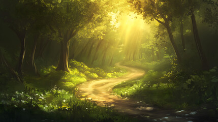 Fototapeta premium Serene Winding Road Through a Lush Forest Bathed in Soft Golden Light During the Late Afternoon. Generative AI