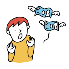 羽が生えて飛んでいくお金に驚く人物のイラスト