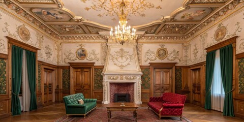 Elegant interior design of a classical-style sitting room with intricate details and ornate decorations in a historical building
