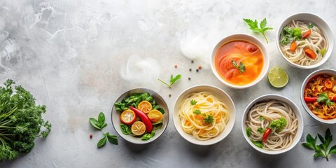 Aromatic Cuisine Diverse Bowls of Savory Noodles, Vibrant Sauces, and Fresh Herbs Garnish a Culinary Scene