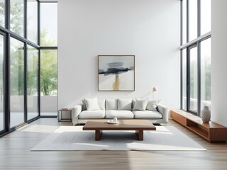 Modern Minimalist Living Room with Light Gray Sofa, Wooden Coffee Table, Large Windows, and Neutral Tones
