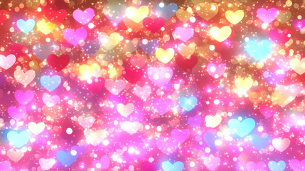 Colorful heart shapes with sparkling lights create vibrant background