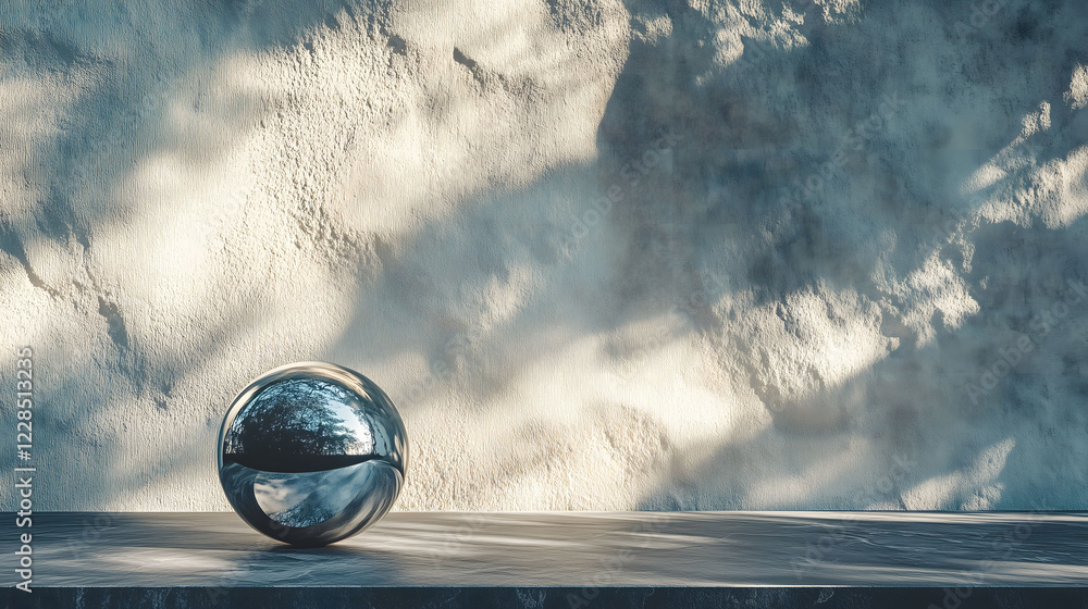 Poster serene still life featuring a reflective chrome sphere on a textured surface with soft light. genera
