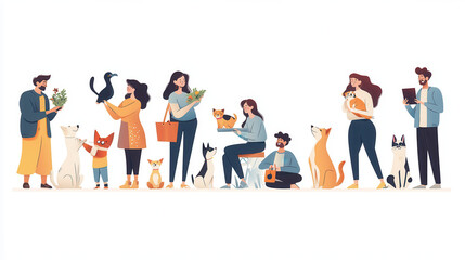 Obraz premium Group of diverse people interacting with various pets in cheerful setting, showcasing love for animals and nature