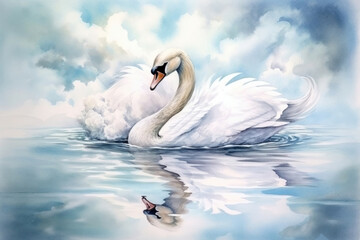Obraz premium Swan in water, watercolor painting , Generative AI