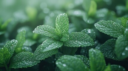 Dewy mint leaves glistening in morning garden sunlight