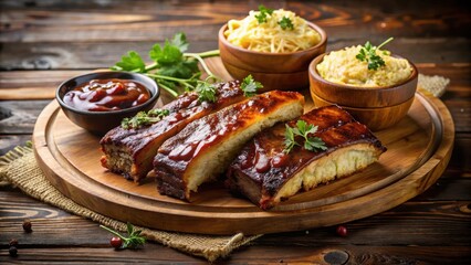 Savory BBQ Ribs with Tangy Side Dishes Served on Rustic Wooden Board
