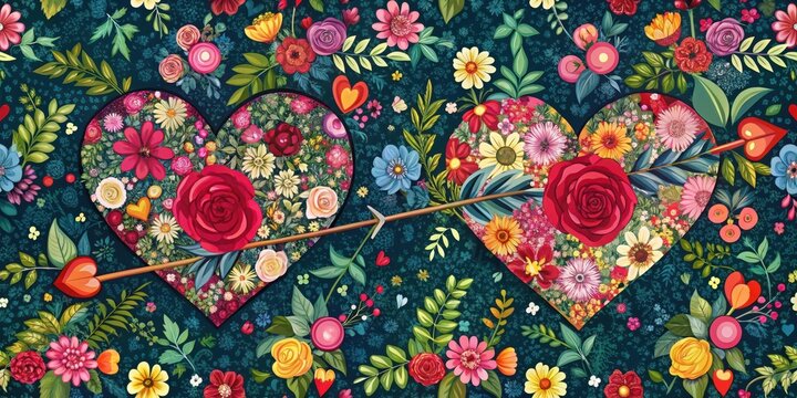 Colorful floral patterns with heart and arrow motifs intertwined, valentines day