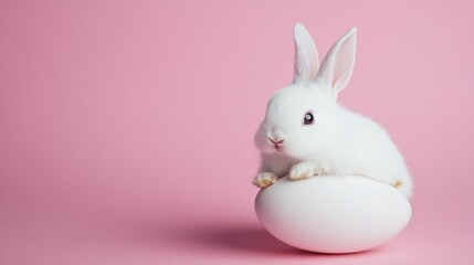 Obraz premium A charming white Easter bunny, creatively crafted from an egg, rests on a lovely pink background, enhancing the festive atmosphere 