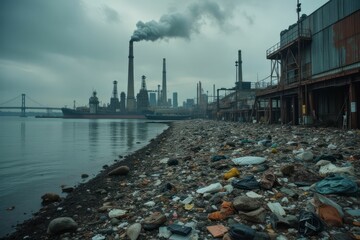 Industrial Pollution Litters Shore Near Factory and Bridge