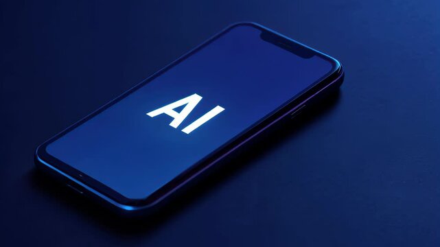 AI on the Go: A sleek smartphone lies on a dark blue surface, its screen illuminated with the stark white letters "AI," signifying the omnipresence of artificial intelligence in our lives. 