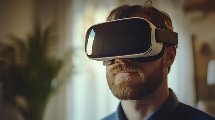 Man wearing virtual reality headset indoor exploring digital interactive experience
