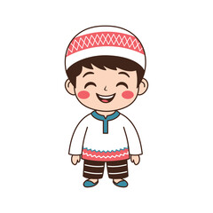 Happy Cute Muslim Kid Boy Cartoon Character Wearing Islamic Traditional Clothes