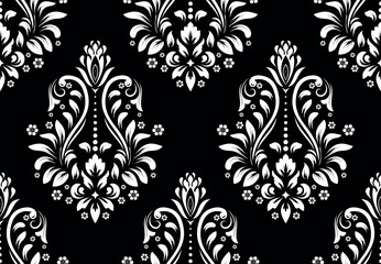 Wallpaper in the style of Baroque. Seamless vector background. White and black floral ornament. Graphic pattern for fabric, wallpaper, packaging. Ornate Damask flower ornament