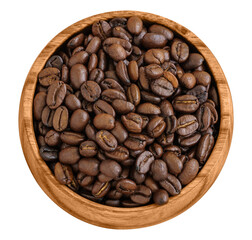 Top view of roasted coffee beans in a wooden bowl, isolated on white, perfect for coffee-related designs and culinary projects.