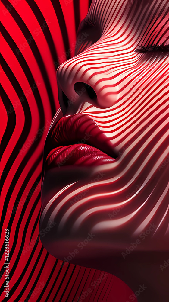 Fototapete face and dynamic red wave lines pattern with elegant curves, modern abstract background design for l